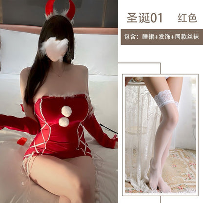 Sexy Lingerie Christmas Bodycon Tight-Fitting Uniform Sweetheart Pure Desire Strapless Velvet Christmas Set