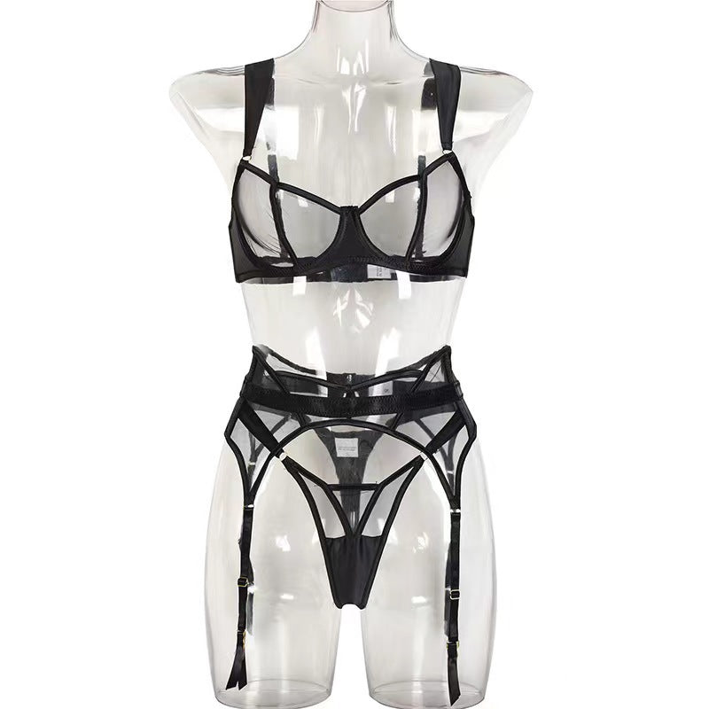 Sexy Lingerie Temptation Hollow Out Bra Transparent Three-Piece Set
