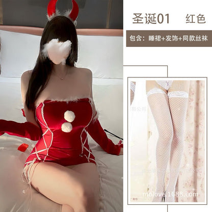Sexy Lingerie Christmas Bodycon Tight-Fitting Uniform Sweetheart Pure Desire Strapless Velvet Christmas Set