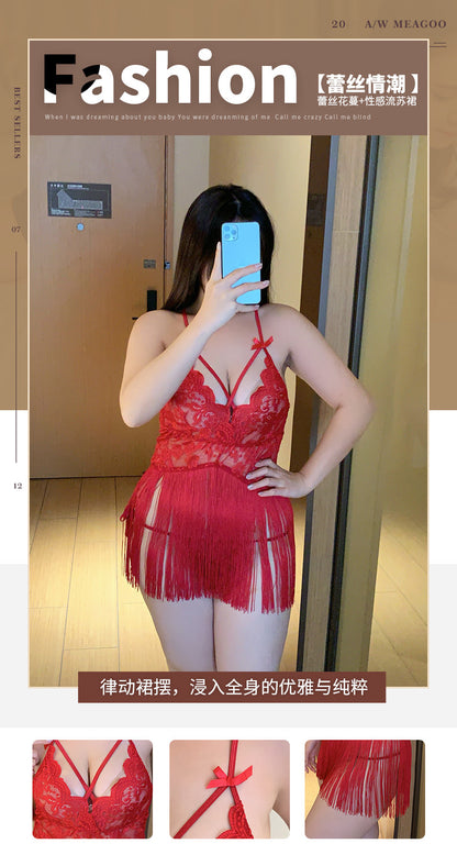 Pure Desire See-through Temptation Tassel Plus Size Nightdress Backless Nightgown