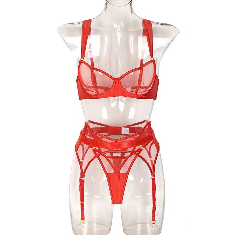 Sexy Lingerie Temptation Hollow Out Bra Transparent Three-Piece Set