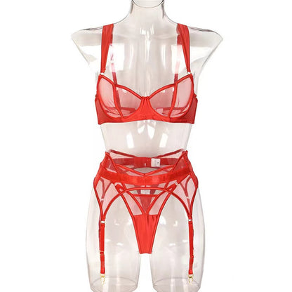 Sexy Lingerie Temptation Hollow Out Bra Transparent Three-Piece Set
