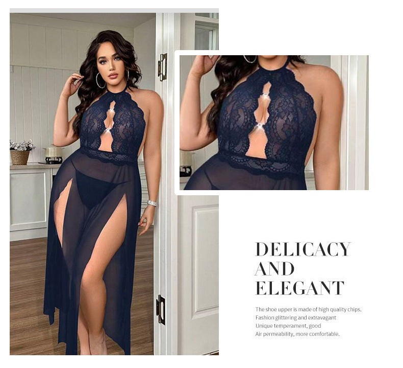 Halter Lace Embroidered Nightdress Hollow Mesh with Fine Rhinestone Buttons