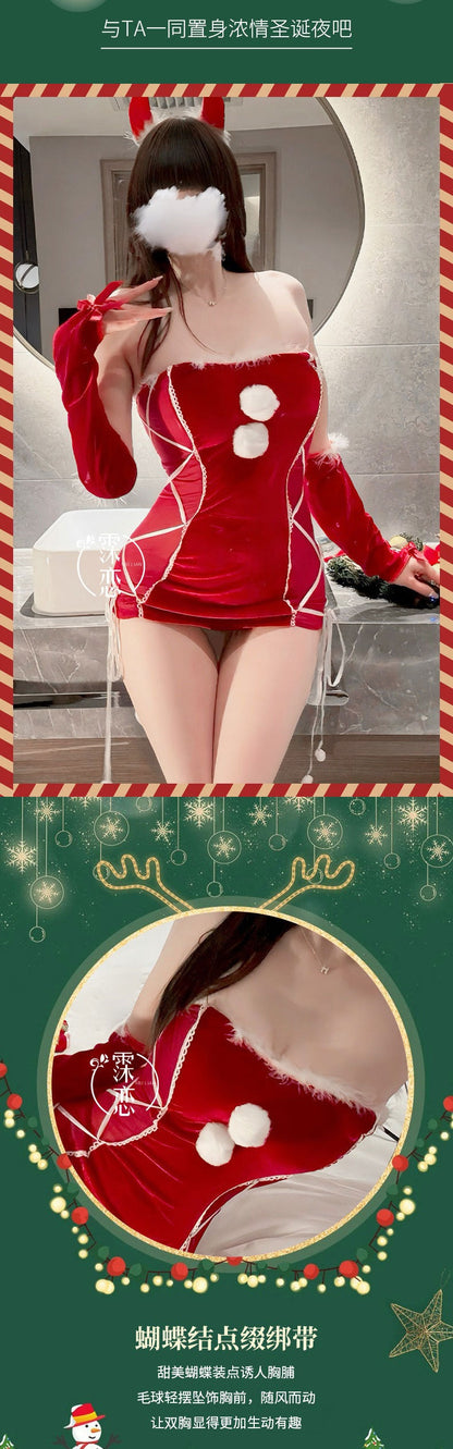 Sexy Lingerie Christmas Bodycon Tight-Fitting Uniform Sweetheart Pure Desire Strapless Velvet Christmas Set
