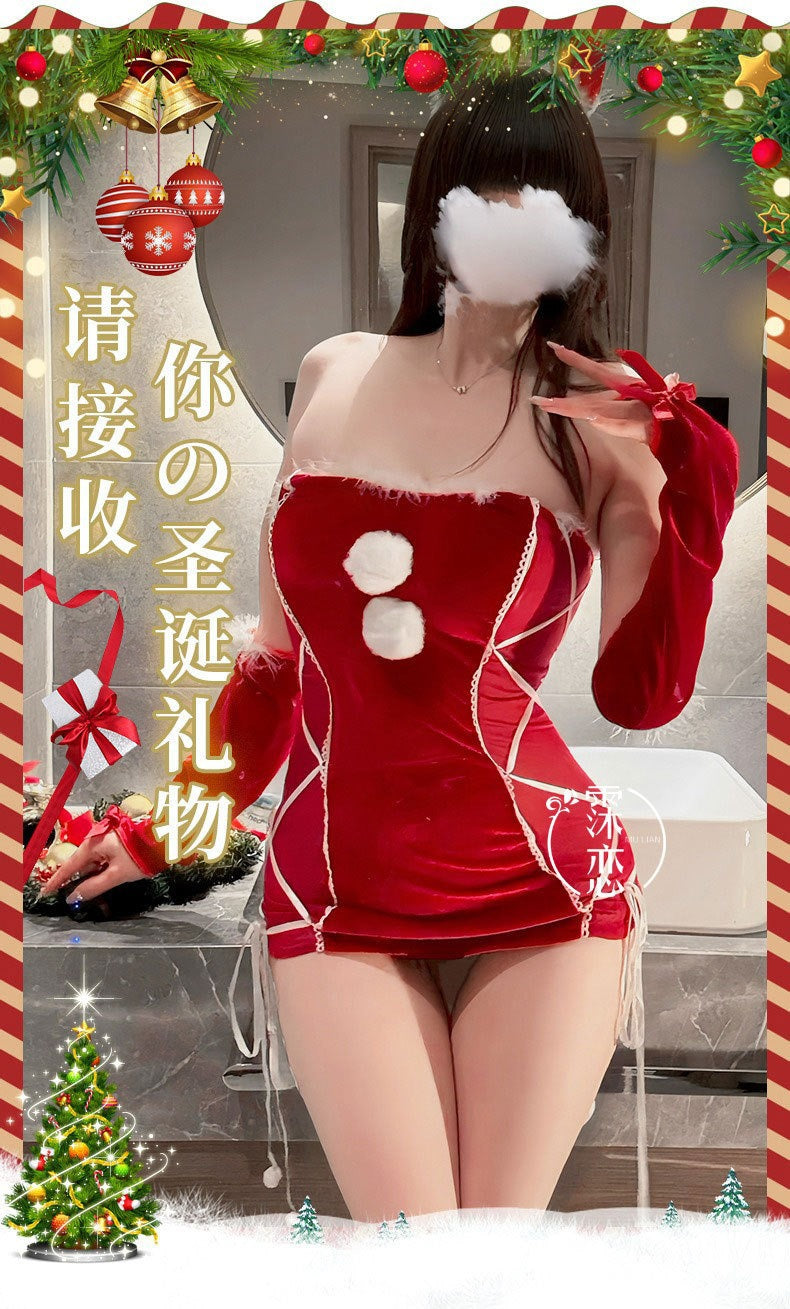Sexy Lingerie Christmas Bodycon Tight-Fitting Uniform Sweetheart Pure Desire Strapless Velvet Christmas Set
