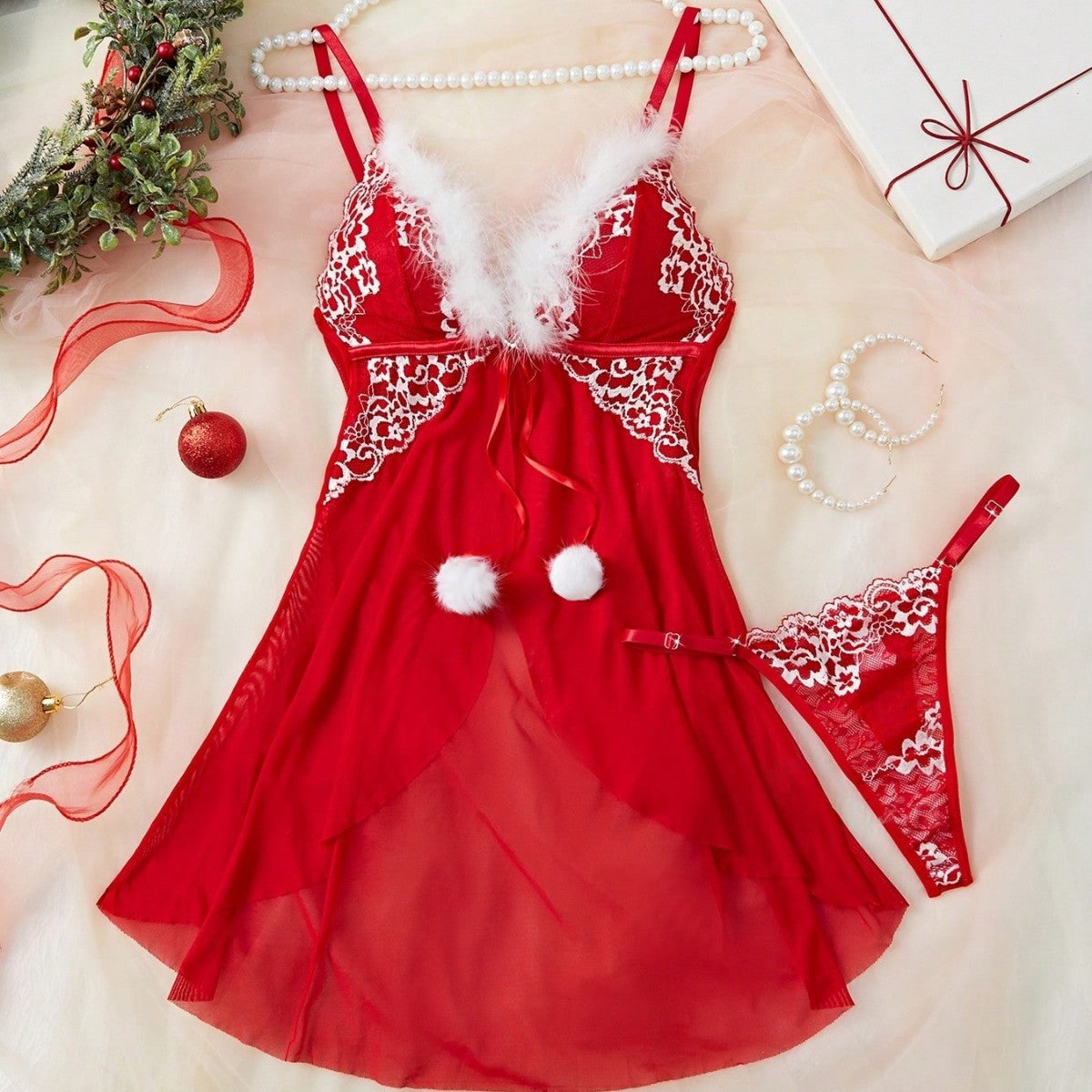 New Style Furry Strap Dress See-through Mesh Sexy Hot Girl Nightdress