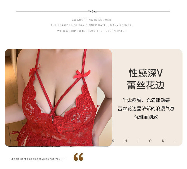 Pure Desire See-through Temptation Tassel Plus Size Nightdress Backless Nightgown