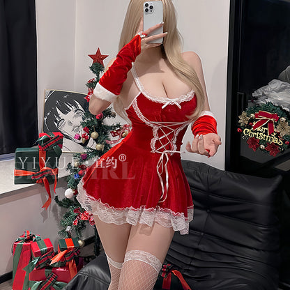 Sexy Christmas Outfit for Women Hot Strap Nightdress Lace Temptation Uniform