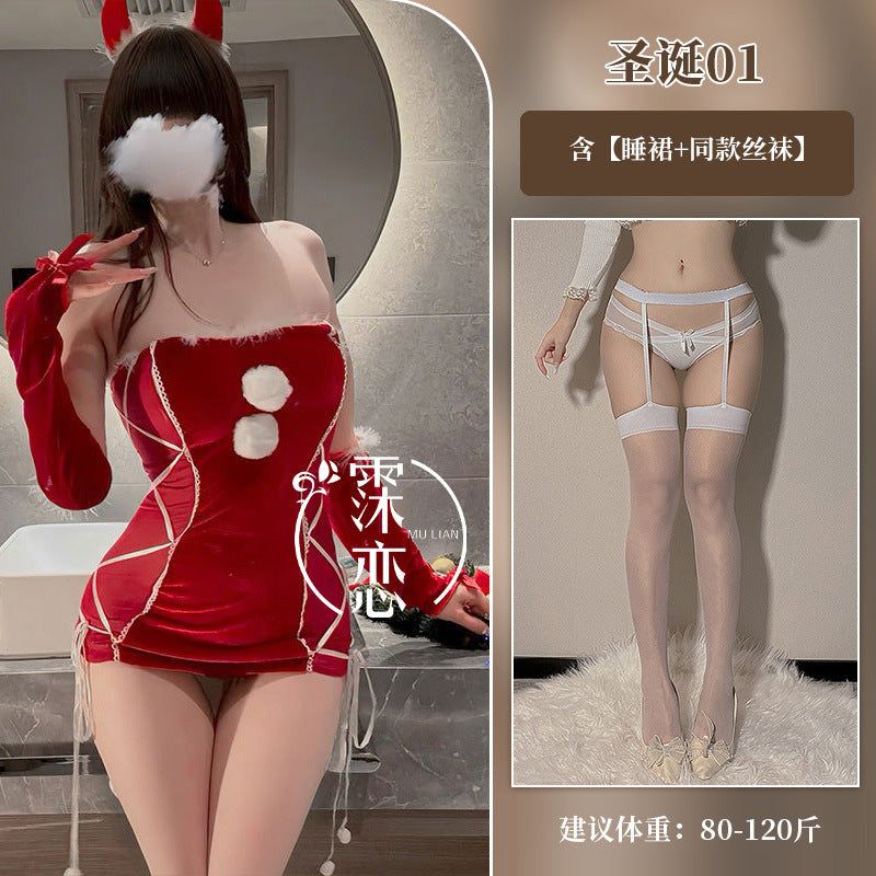 Sexy Lingerie Christmas Bodycon Tight-Fitting Uniform Sweetheart Pure Desire Strapless Velvet Christmas Set