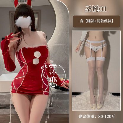Sexy Lingerie Christmas Bodycon Tight-Fitting Uniform Sweetheart Pure Desire Strapless Velvet Christmas Set