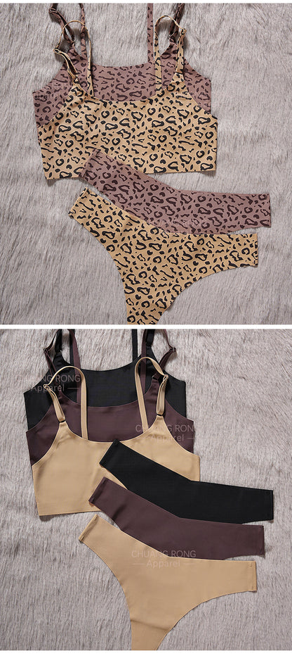 Plus Size Sexy Bra Set Seamless Wireless Small Chest Push-Up Leopard Print Lingerie