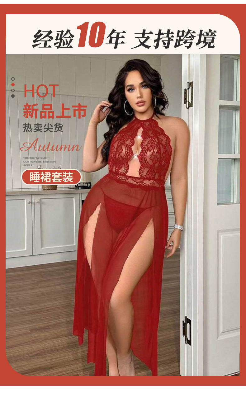 Halter Lace Embroidered Nightdress Hollow Mesh with Fine Rhinestone Buttons