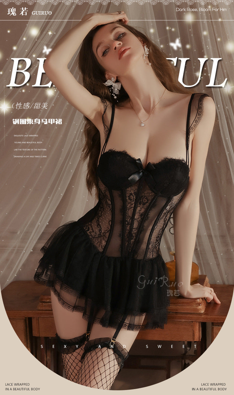 Light Luxury Sexy See-through Mesh with Steel Ring Chest Pad Nightdress
