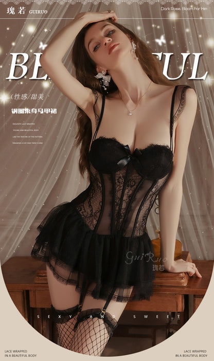 Light Luxury Sexy See-through Mesh with Steel Ring Chest Pad Nightdress