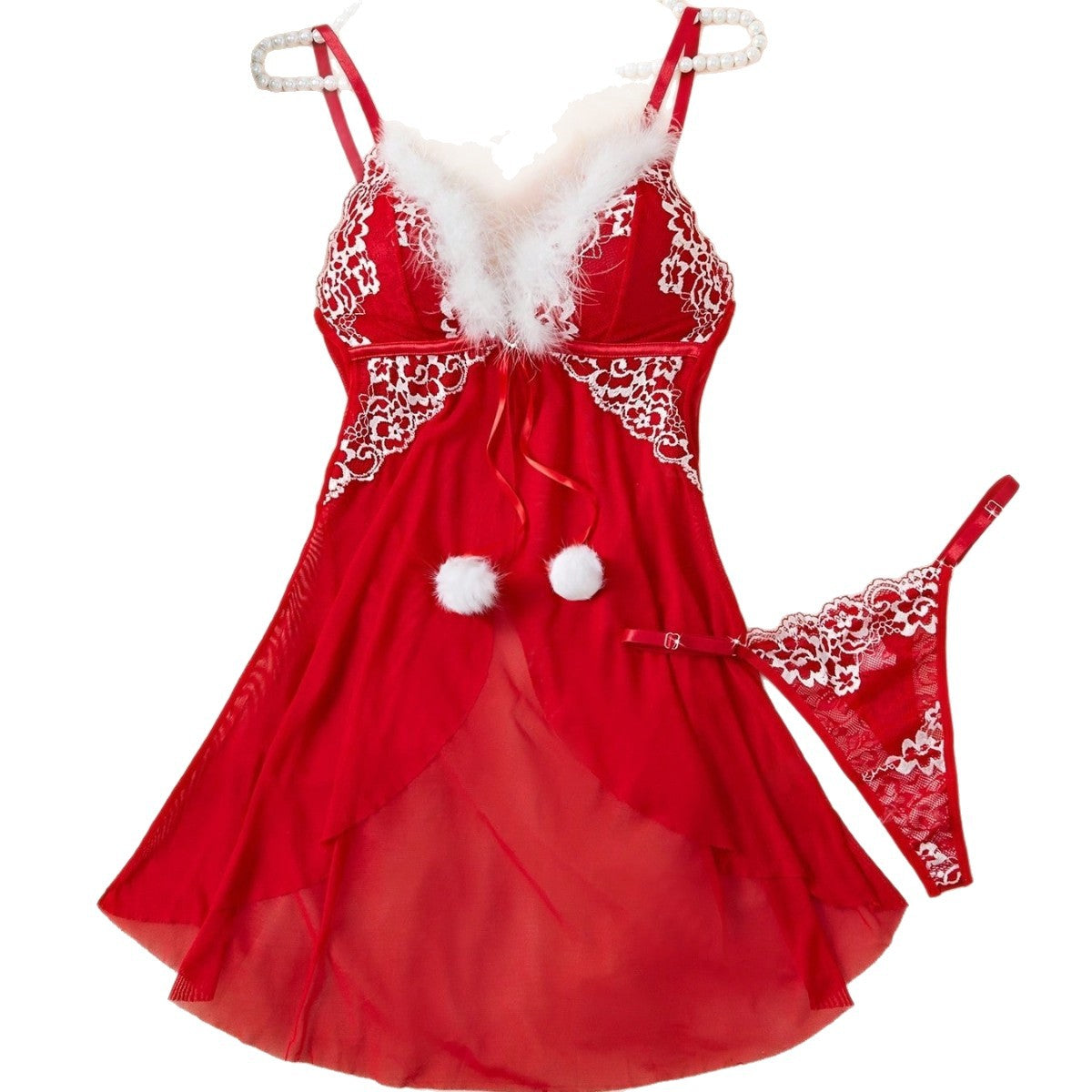 New Style Furry Strap Dress See-through Mesh Sexy Hot Girl Nightdress