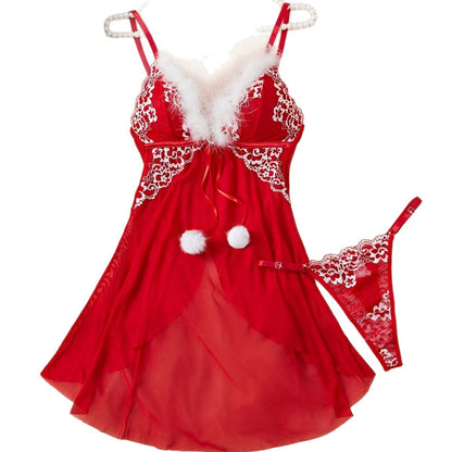 New Style Furry Strap Dress See-through Mesh Sexy Hot Girl Nightdress