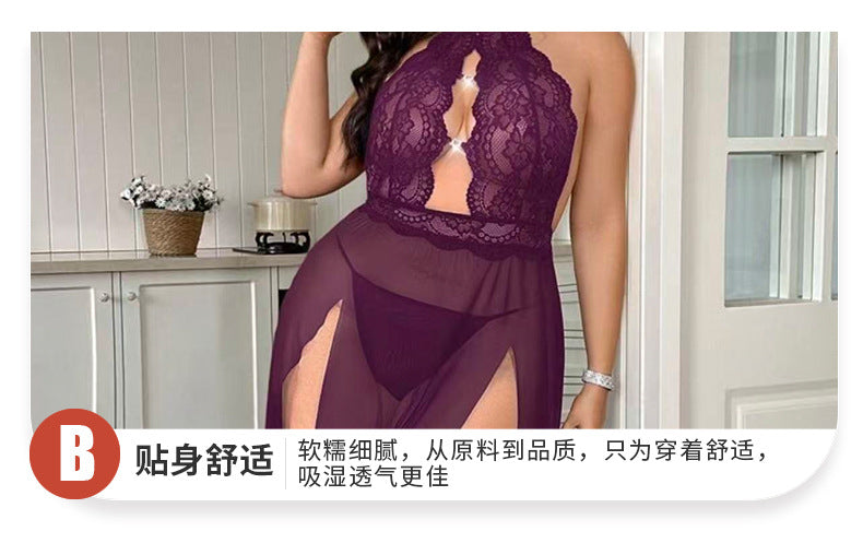 Halter Lace Embroidered Nightdress Hollow Mesh with Fine Rhinestone Buttons
