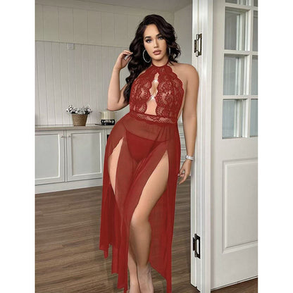 Halter Lace Embroidered Nightdress Hollow Mesh with Fine Rhinestone Buttons