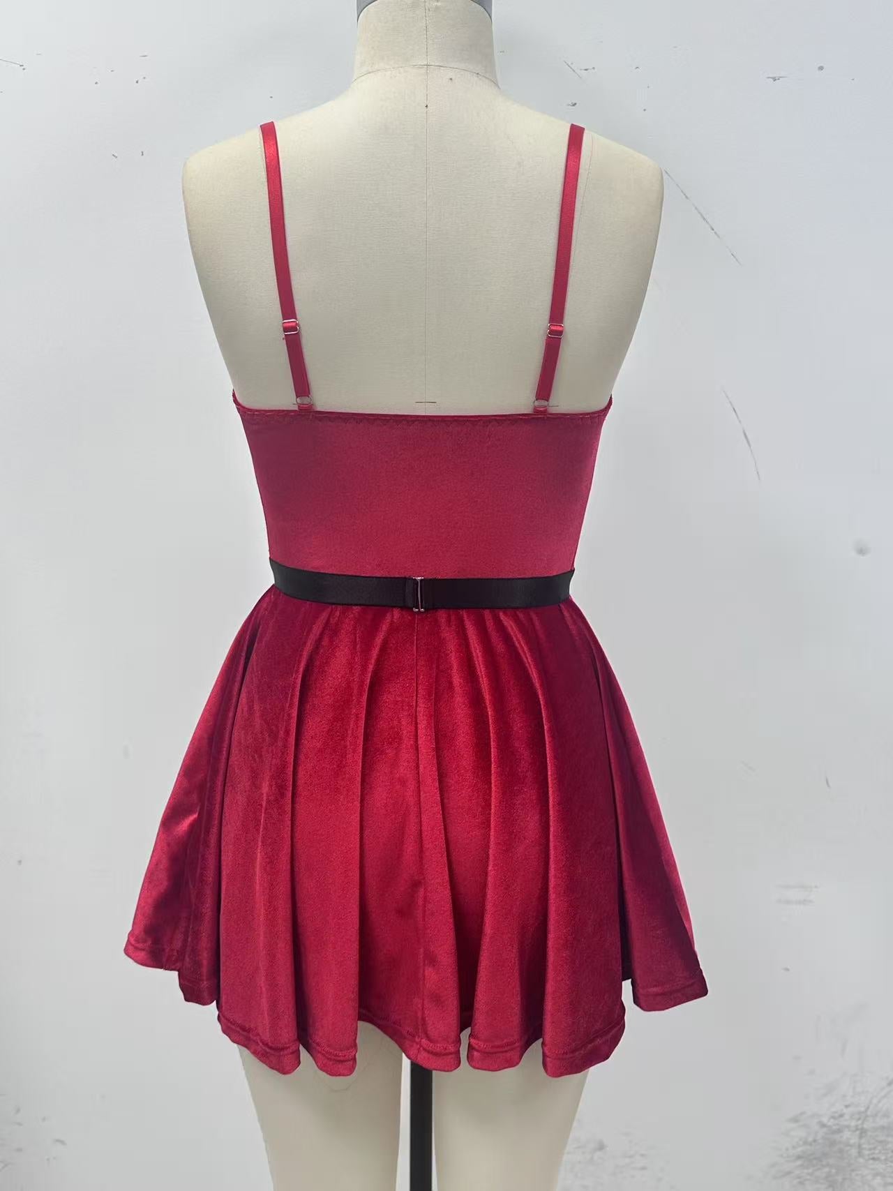 Christmas Velvet Temptation Passion Uniform Strap Dress Queen with Belt