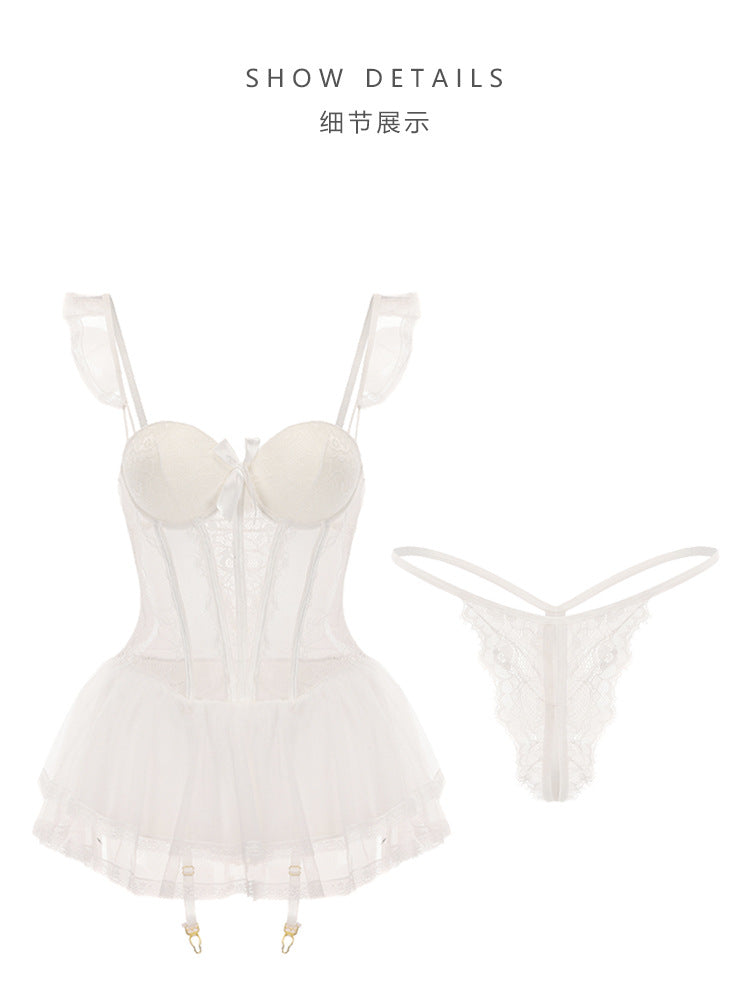 Light Luxury Sexy See-through Mesh with Steel Ring Chest Pad Nightdress