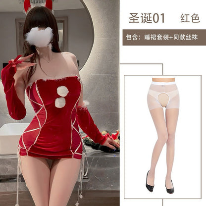 Sexy Lingerie Christmas Bodycon Tight-Fitting Uniform Sweetheart Pure Desire Strapless Velvet Christmas Set