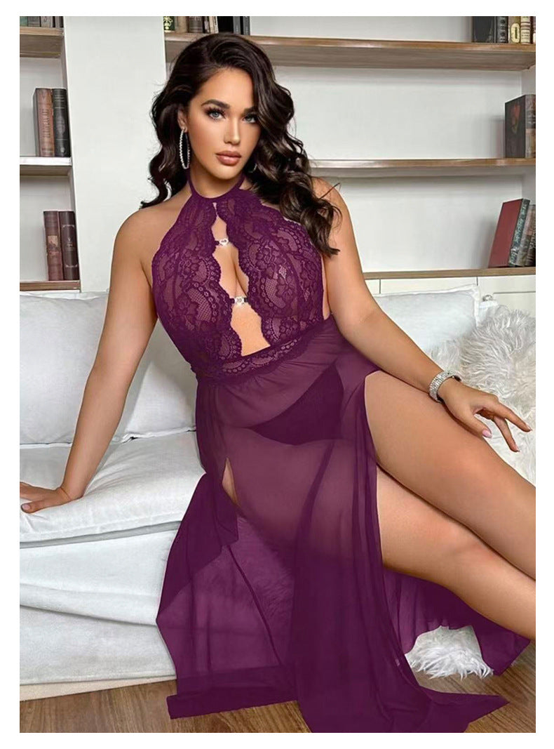 Halter Lace Embroidered Nightdress Hollow Mesh with Fine Rhinestone Buttons