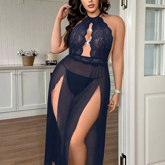 Halter Lace Embroidered Nightdress Hollow Mesh with Fine Rhinestone Buttons