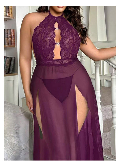 Halter Lace Embroidered Nightdress Hollow Mesh with Fine Rhinestone Buttons