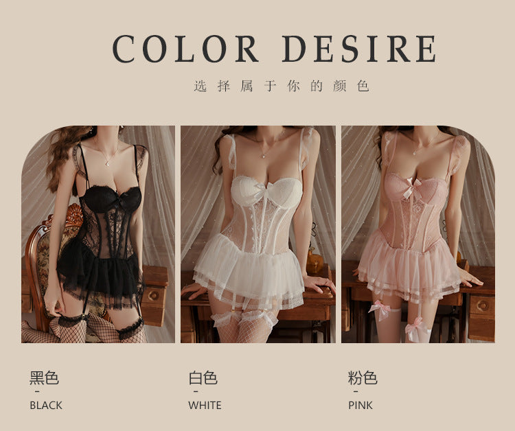 Light Luxury Sexy See-through Mesh with Steel Ring Chest Pad Nightdress