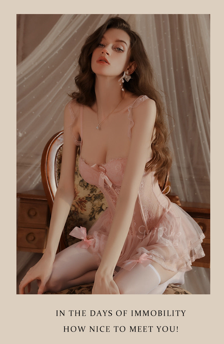 Light Luxury Sexy See-through Mesh with Steel Ring Chest Pad Nightdress
