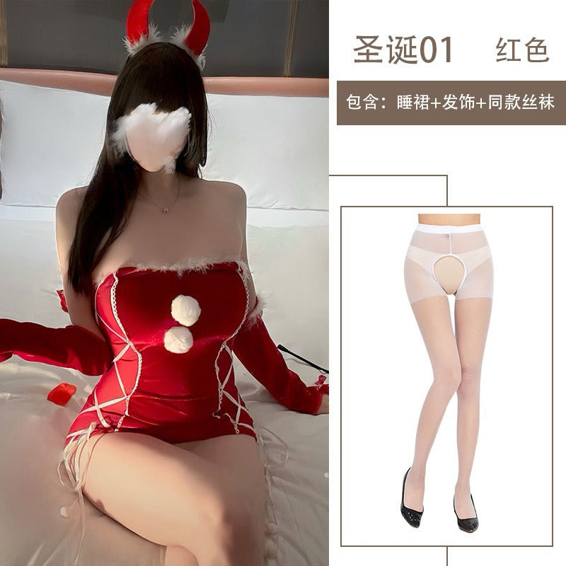 Sexy Lingerie Christmas Bodycon Tight-Fitting Uniform Sweetheart Pure Desire Strapless Velvet Christmas Set