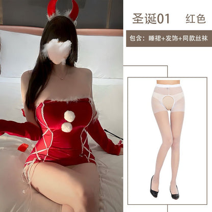 Sexy Lingerie Christmas Bodycon Tight-Fitting Uniform Sweetheart Pure Desire Strapless Velvet Christmas Set