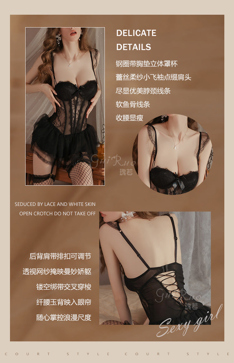 Light Luxury Sexy See-through Mesh with Steel Ring Chest Pad Nightdress
