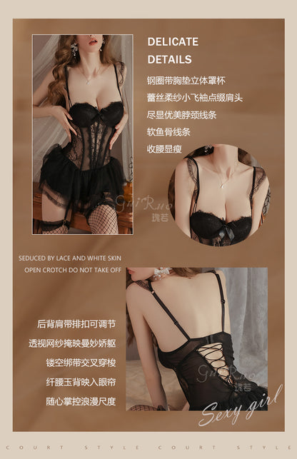 Light Luxury Sexy See-through Mesh with Steel Ring Chest Pad Nightdress