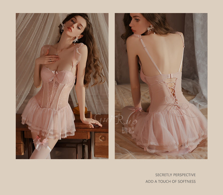 Light Luxury Sexy See-through Mesh with Steel Ring Chest Pad Nightdress