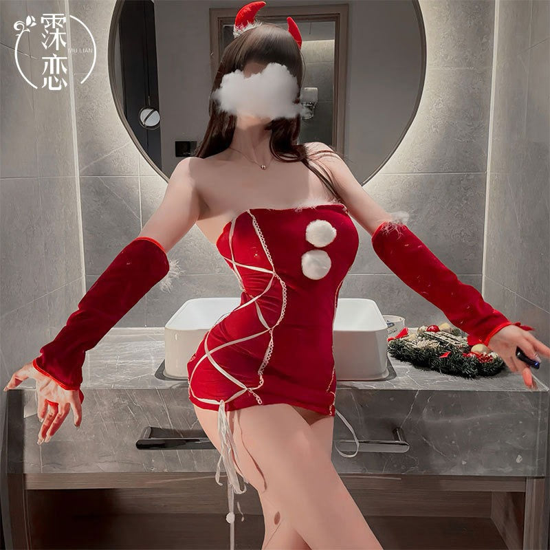 Sexy Lingerie Christmas Bodycon Tight-Fitting Uniform Sweetheart Pure Desire Strapless Velvet Christmas Set