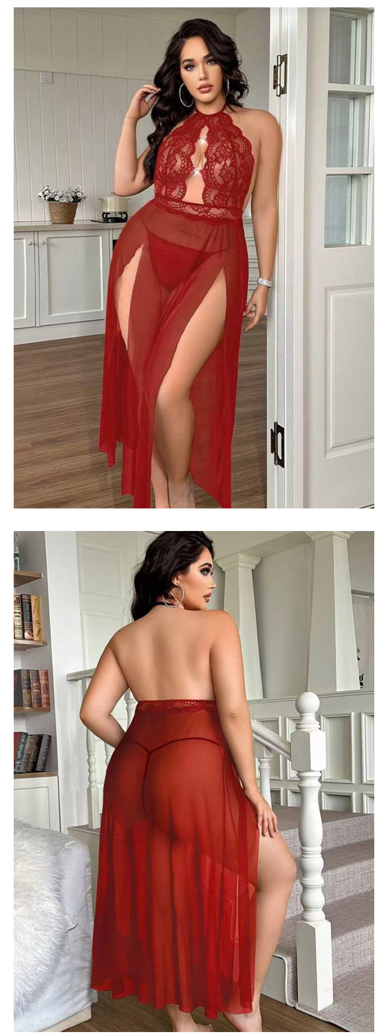 Halter Lace Embroidered Nightdress Hollow Mesh with Fine Rhinestone Buttons