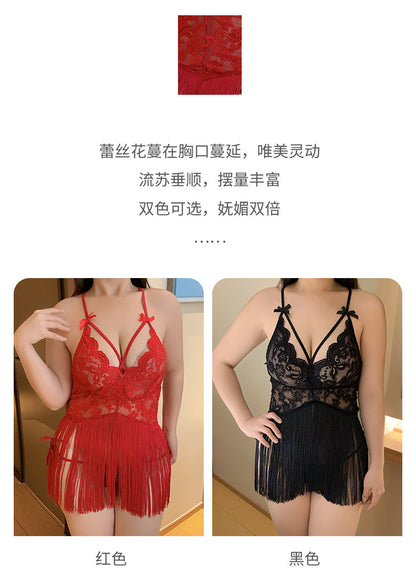 Pure Desire See-through Temptation Tassel Plus Size Nightdress Backless Nightgown