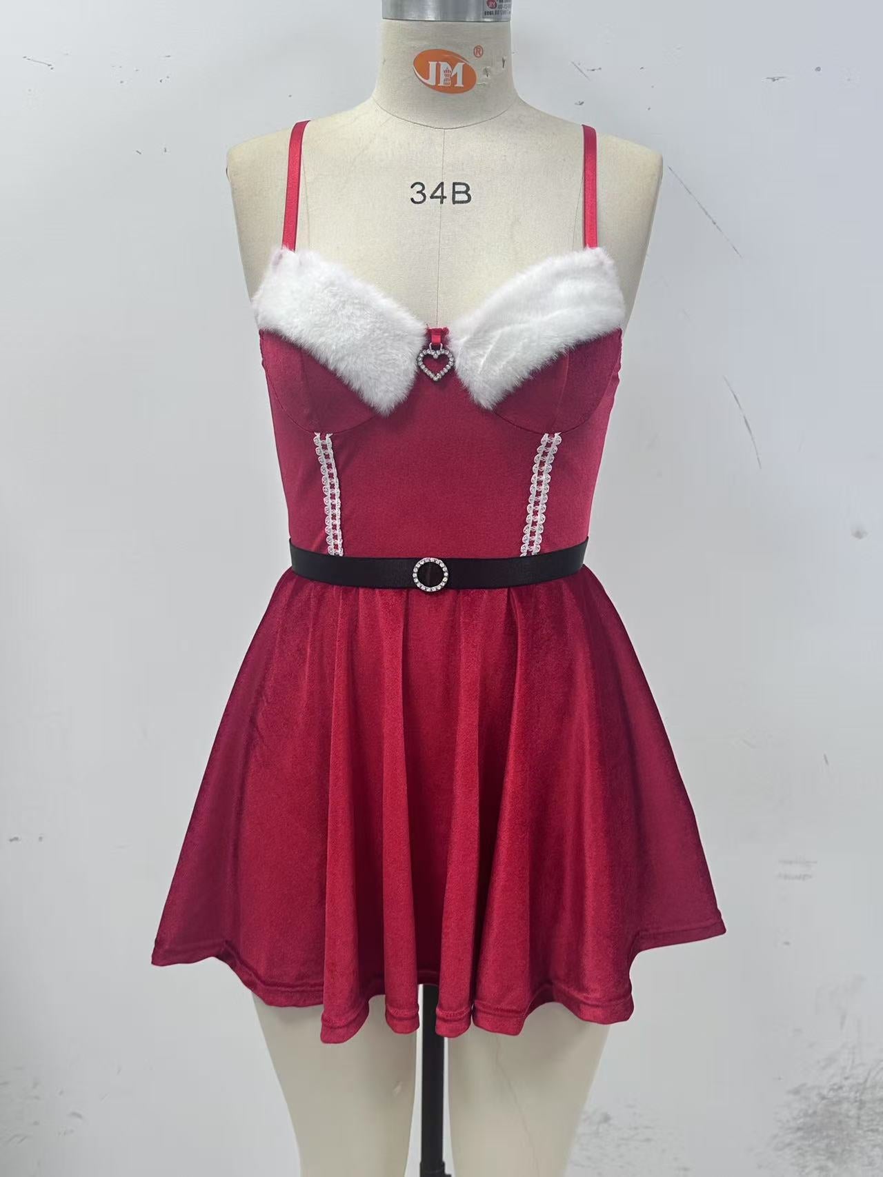 Christmas Velvet Temptation Passion Uniform Strap Dress Queen with Belt