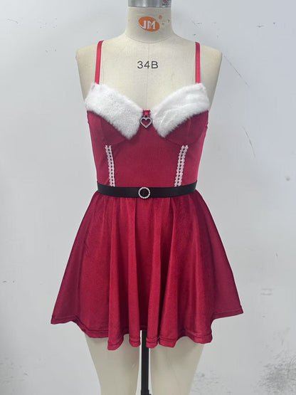 Christmas Velvet Temptation Passion Uniform Strap Dress Queen with Belt