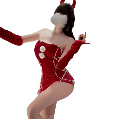 Sexy Lingerie Christmas Bodycon Tight-Fitting Uniform Sweetheart Pure Desire Strapless Velvet Christmas Set