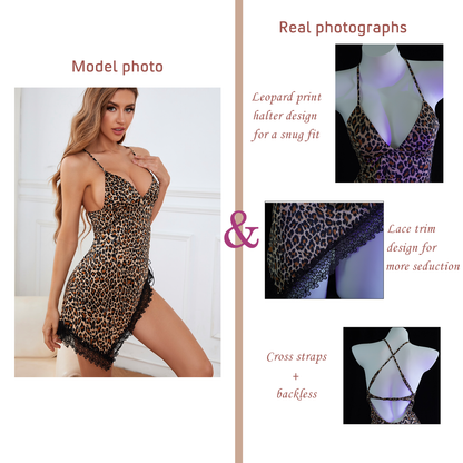 Pijama de encaje con estampado de leopardo vintage en V profundo