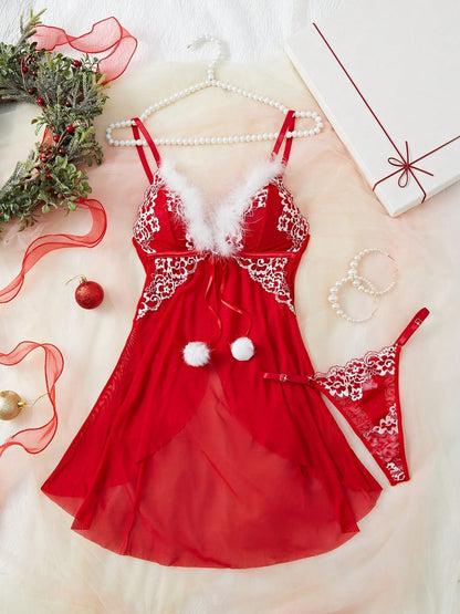 New Style Furry Strap Dress See-through Mesh Sexy Hot Girl Nightdress