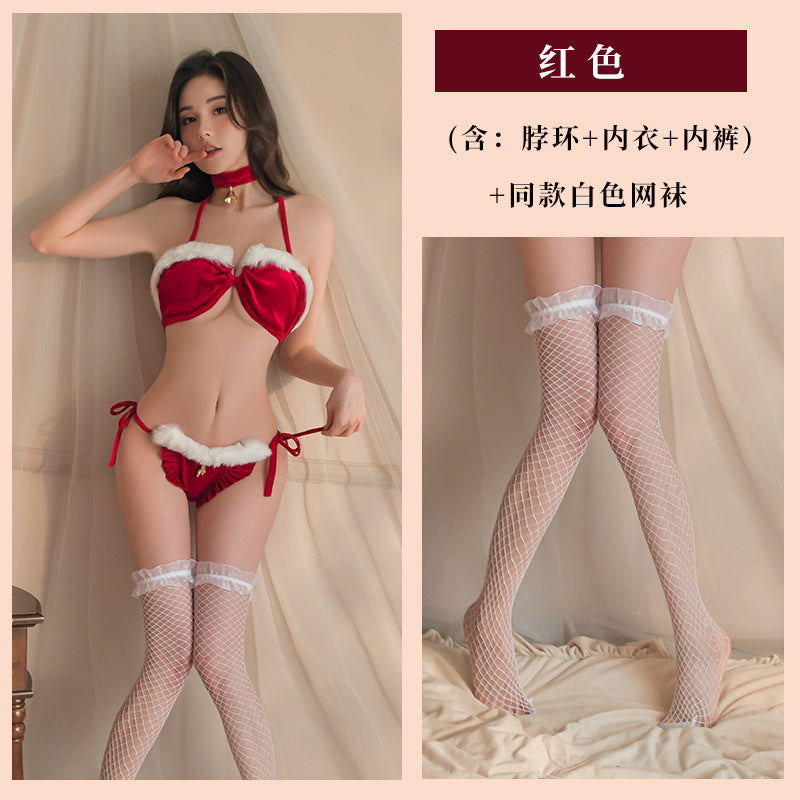 Christmas Plush Bikini Lace-Up Halter Sexy Three-Point Temptation Pajamas