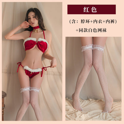 Christmas Plush Bikini Lace-Up Halter Sexy Three-Point Temptation Pajamas