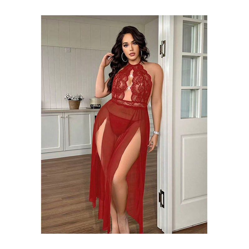 Halter Lace Embroidered Nightdress Hollow Mesh with Fine Rhinestone Buttons