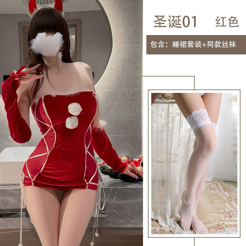 Sexy Lingerie Christmas Bodycon Tight-Fitting Uniform Sweetheart Pure Desire Strapless Velvet Christmas Set