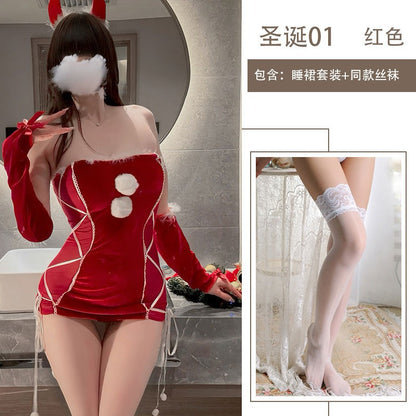 Sexy Lingerie Christmas Bodycon Tight-Fitting Uniform Sweetheart Pure Desire Strapless Velvet Christmas Set