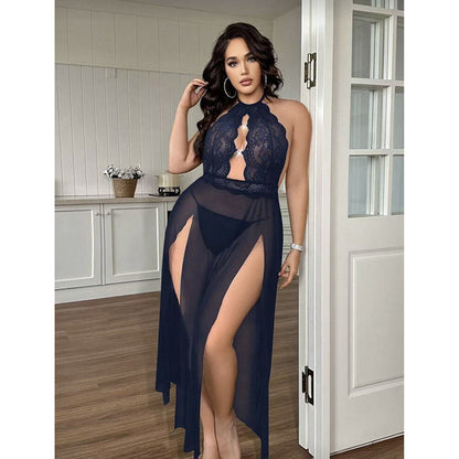 Halter Lace Embroidered Nightdress Hollow Mesh with Fine Rhinestone Buttons