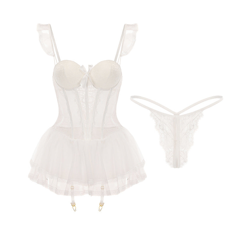 Light Luxury Sexy See-through Mesh with Steel Ring Chest Pad Nightdress